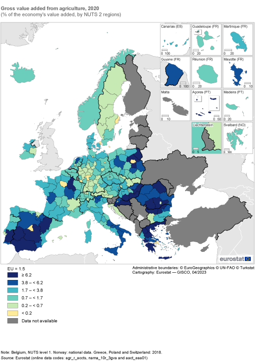 A map of Europe showing the share of gross value added from agriculure in the EU for the year 2020. Data are shown as percentage of tghe economy's value added, by NUTS 2 regions.