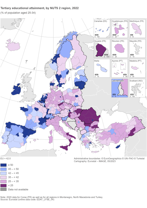 A map of Europe showing tertiary educational attainment by NUTS 2 region, in 2022, as a percentage of the population aged 25 to 34. The map shows EU Member States and other European countries.