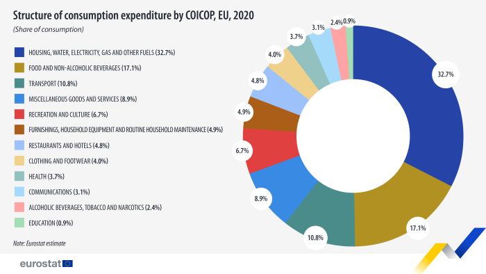 Doughnut chart showing the structure of consumption expenditure by COICOP in the EU. Twelve sections represent the share of consumption in percentages of each COICOP category adding up to one hundred percent in the year 2020.