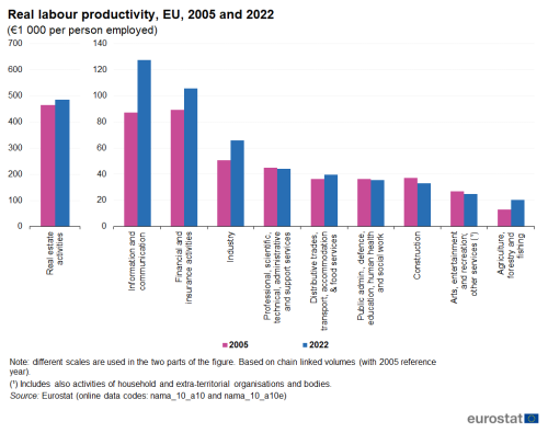 A grouped column chart showing real labour productivity in the EU for 2005 and 2022. Data are presented for 10 activities.