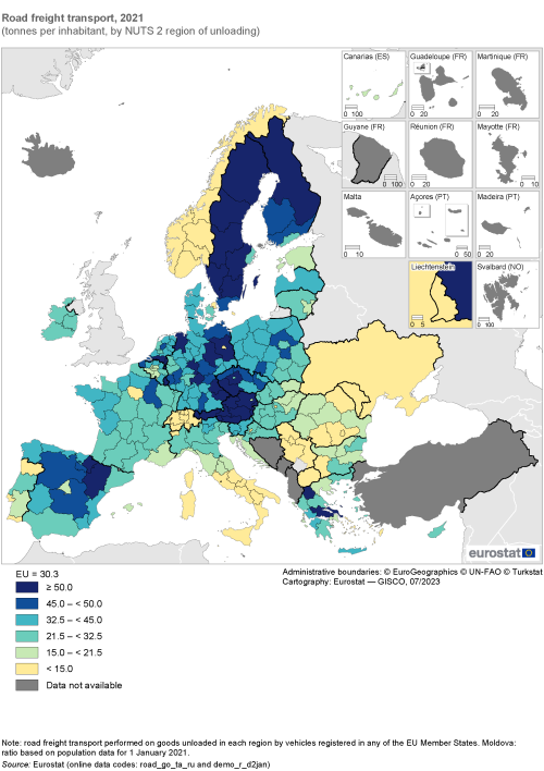 Map showing road freight transport as tonnes per inhabitant by NUTS 2 region of unloading in the EU and surrounding countries. Each region is classified based on a range of tonnes for the year 2021.
