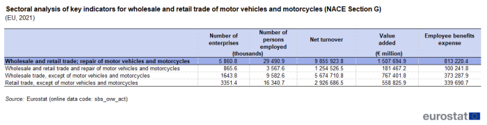 Table showing sectoral analysis of key indicators for wholesale and retail trade of motor vehicles and motorcycles in the EU for the year 2021.