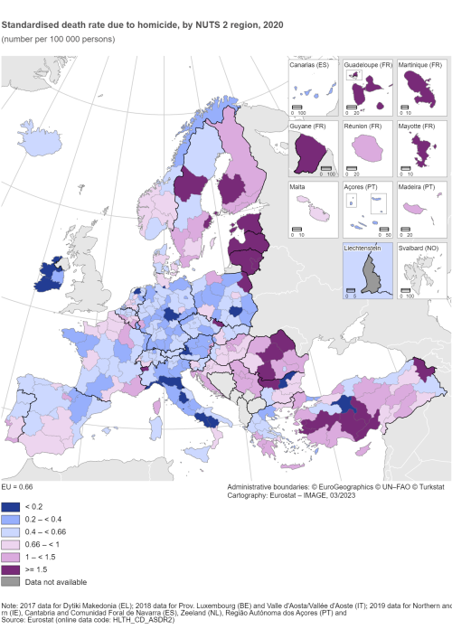 A map of Europe showing the standardised death rate due to homicide by NUTS 2 region, in 2020, as number per 100,000 persons. The map shows EU Member States and other European countries.