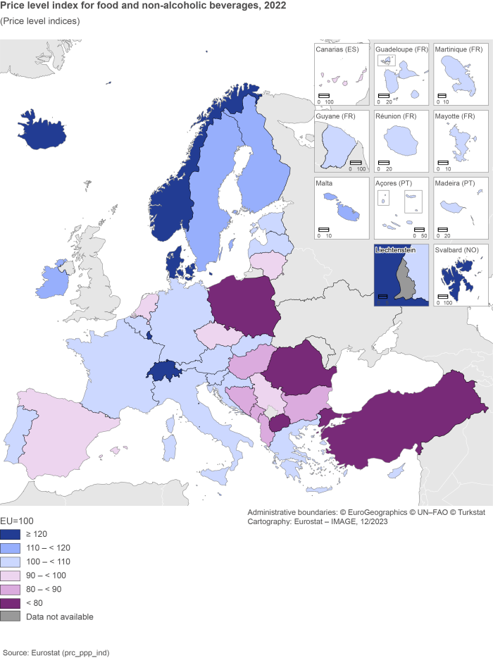 Map showing price level index for food and non-alcoholic beverages as price level indices in the EU Member States and surrounding countries. Each country is colour coded based on the range of price level indices for the year 2022. The EU is set at 100.