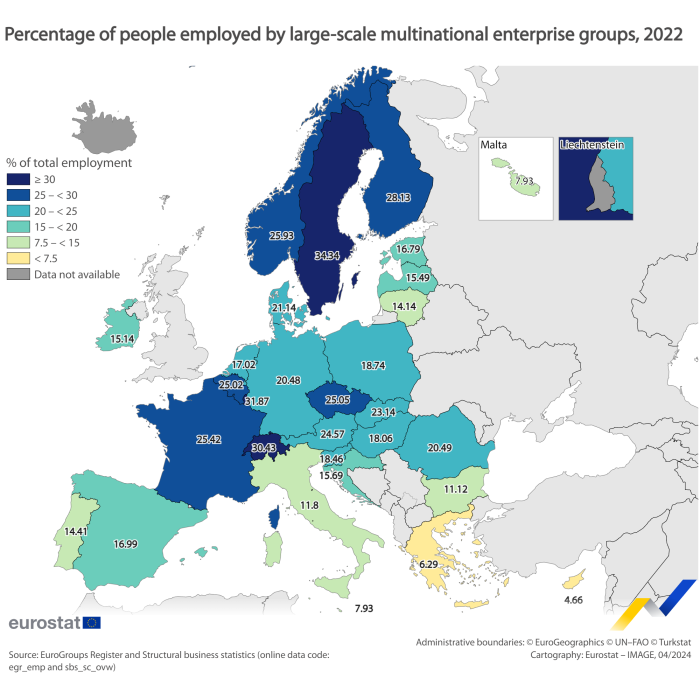 A map chart showing the share of total employment in large-scale multinational enterprise groups by country, 2022.