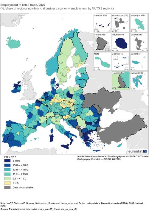 Map showing employment rate in retail trade as percentage share of regional non-financial business economy employment by NUTS 2 regions in the EU and surrounding countries. Each region is colour-coded based on a range for the year 2020.