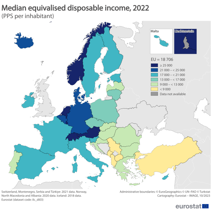 Map showing median equivalised disposable income as PPS per inhabitant in the EU and surrounding countries. Each country is colour-coded based on the PPS within certain ranges for the year 2022.