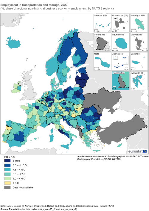 Map showing employment in transportation and storage as percentage share of regional non-financial business economy employment by NUTS 2 regions in the EU and surrounding countries. Each region is colour-coded based on a percentage range for the year 2020.