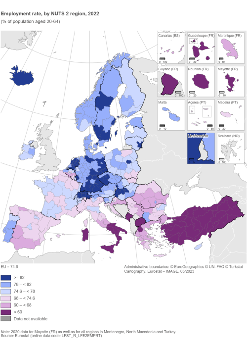 A map of Europe showing employment rate by NUTS 2 region, in 2022, as a percentage of the population aged 20 to 64. The map shows EU Member States and other European countries.