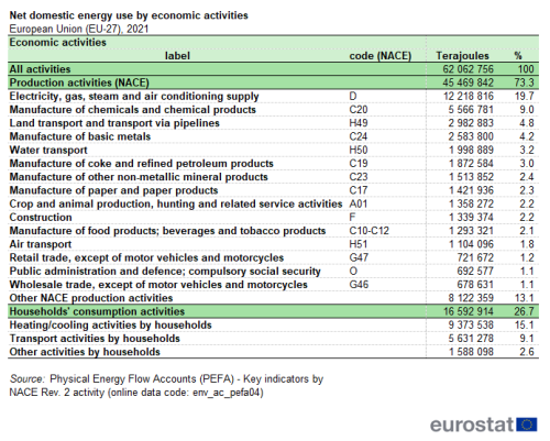 A table on net domestic energy use by economic activities in the European Union in 2021 with two main categories. One for production activities for NACE categories and one for households’ consumption activities.