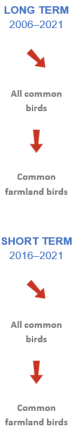 The long-term evaluations of the indicator for common bird index for the period 2006 to 2021, for all common birds and for common farmland birds, both show moderate movement away from the SD objectives. The short-term evaluation for the period 2016 to 2021, for all common birds and for common farmland birds, both show significant movement away from the SD objectives.