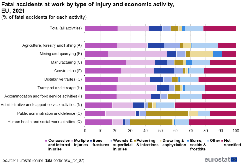a horiontal staked bar chart showing the fatal accidents at work by type of injury and economic activity in the EU in 2021, the stacks show 9 different types of injury.