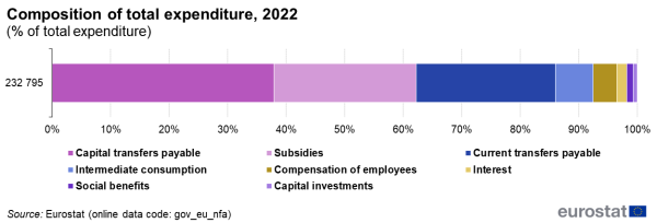 Horizontal bar chart with one bar on the composition of total expenditure in 2022 showing the amount of total expenditure and the percentages of its eight components. The components are: capital transfers payable, subsidies, current transfers payable, intermediate consumption, compensation of employees, interest, social benefits, and capital investments.