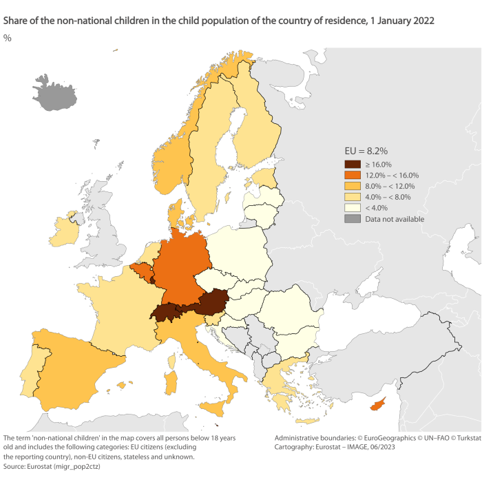 Map showing share of the non-national children in the child population of the country of residence as percentages for the EU member States and surrounding countries. Each country is classified based on the percentage range as of 1 January 2022.
