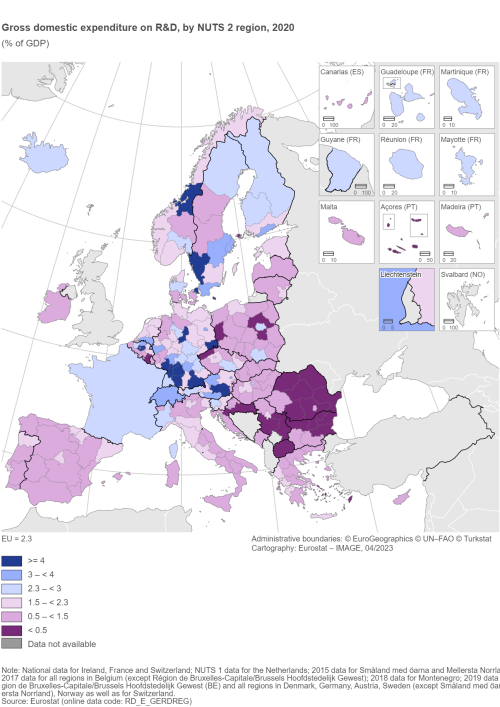 A map of Europe showing gross domestic expenditure on R&D by NUTS 2 region, in 2020, as a percentage of GDP. The map shows EU Member States and other European countries.