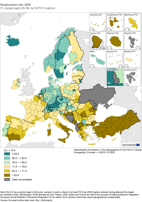 Map showing employment rate as percentage of people aged 20 to 64 years by NUTS 2 regions in the EU and surrounding countries. Each region is colour-coded based on a percentage range for the year 2022.