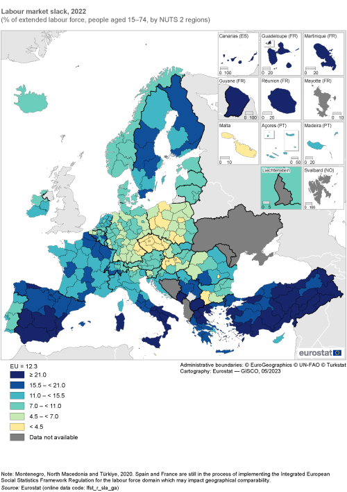 Map showing unemployment labour market slack as percentage of extended labour force people aged 15 to 74 years by NUTS 2 regions in the EU and surrounding countries. Each region is colour-coded based on a percentage range for the year 2022.