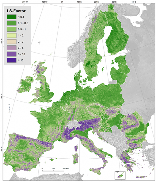a map showing the topographic factors - slope length and slope steepness expressed as the LS-factor in the European Union.