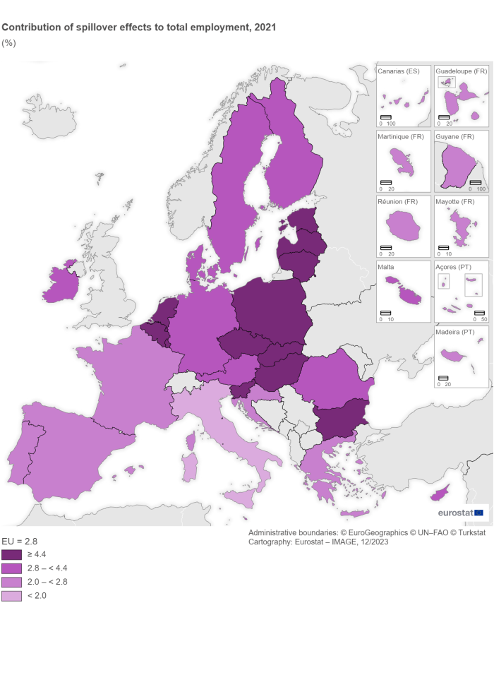 Map showing contribution of spillover effects to total employment as percentage in EU Member States. Each country is colour-coded based on a percentage range for the year 2021.