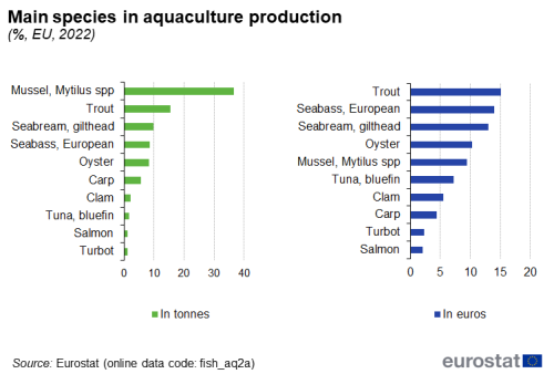 two horizontal bar charts showing the main species in aquaculture production, one chart shows the weight in tonnes and one chart shows the values in euros