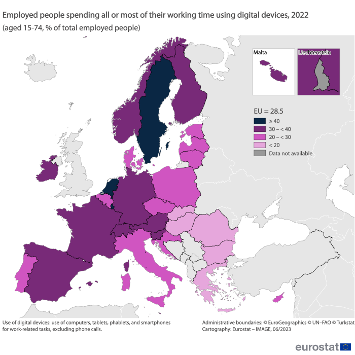A map of Europe showing the share of employed people, aged 15 to 74 years, spending all or most of their working tie using digital devices for the year 2022. Data are shown as percentage of total employed people.