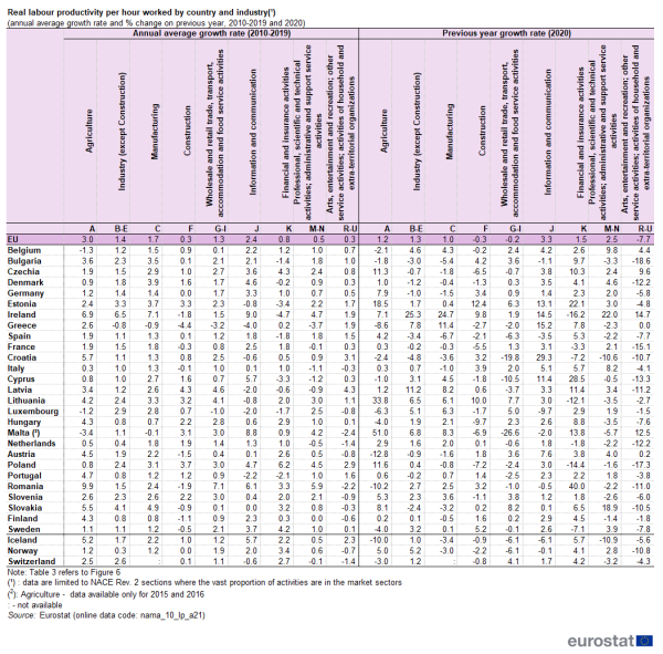 a table showing real labour productivity per hour worked by country and industry for the years 2010 to 2019 and 2020. The columns show the NACE industries categories from A to U in the EU, EU Member States and some EFTA countries.