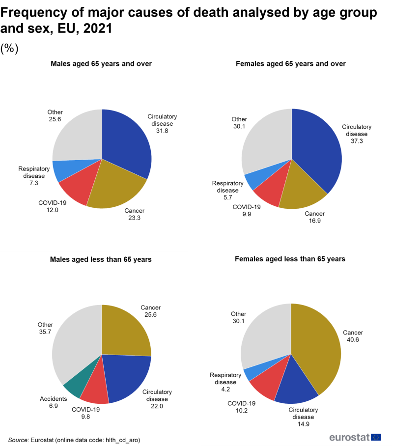 A set of four pie charts showing the shares for major causes of death. Data are analysed by age group and sex. The four pie charts show the shares for males aged 65 years and over, females aged 65 years and over, males ages less than 65 years and females aged less than 65 years. Data are shown for 2021 for the EU. The complete data of the visualisation are available in the Excel file at the end of the article.