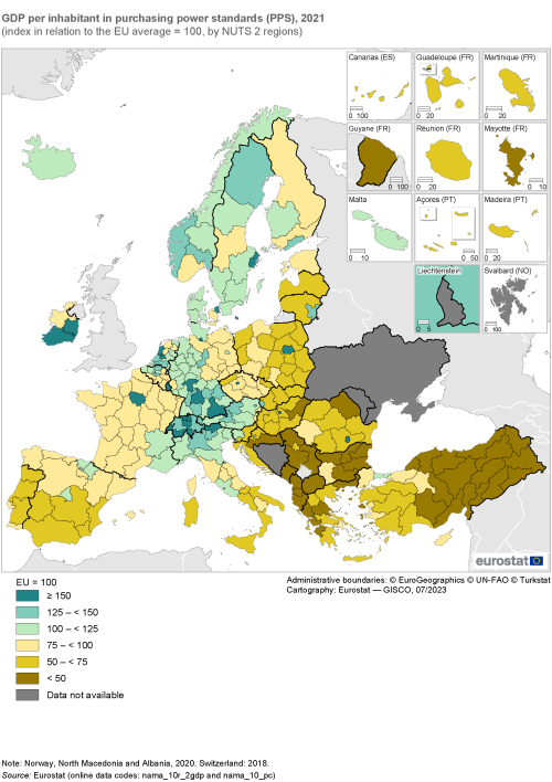 Map showing GDP per inhabitant in purchasing power standards in the EU and surrounding countries by NUTS 2 regions. Each country region is colour-coded based on the PPS within certain ranges for the year 2022. The EU average is indexed at 100.
