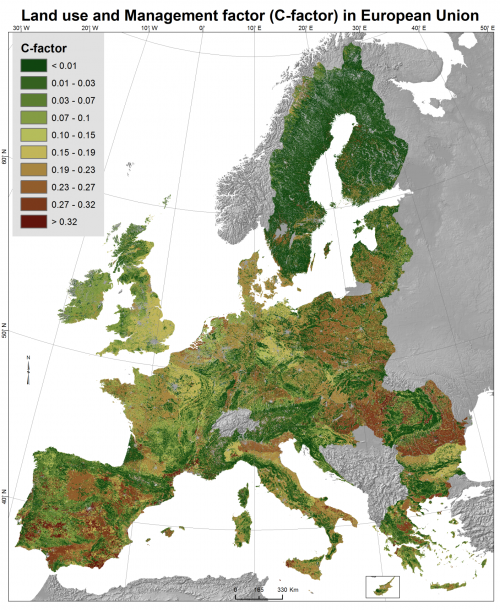 a map showing the cover management factor in Europe expressed as the C-factor.