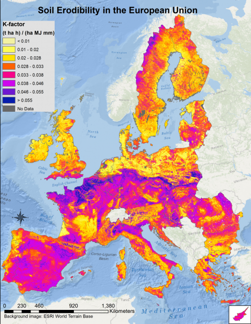 a map showing the Soil erodibility factor in Europe expressed as the K-factor.