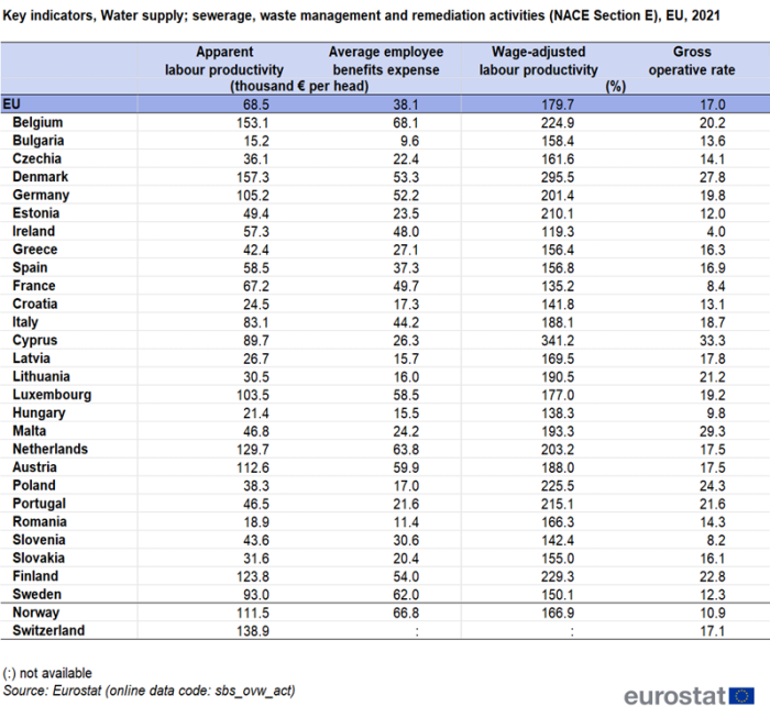 a table showing key indicators, water supply; sewerage, waste management and remediation activities for NACE Section E in the EU in 2021 in the EU, the euro area, EU Member States and some of the EFTA countries.