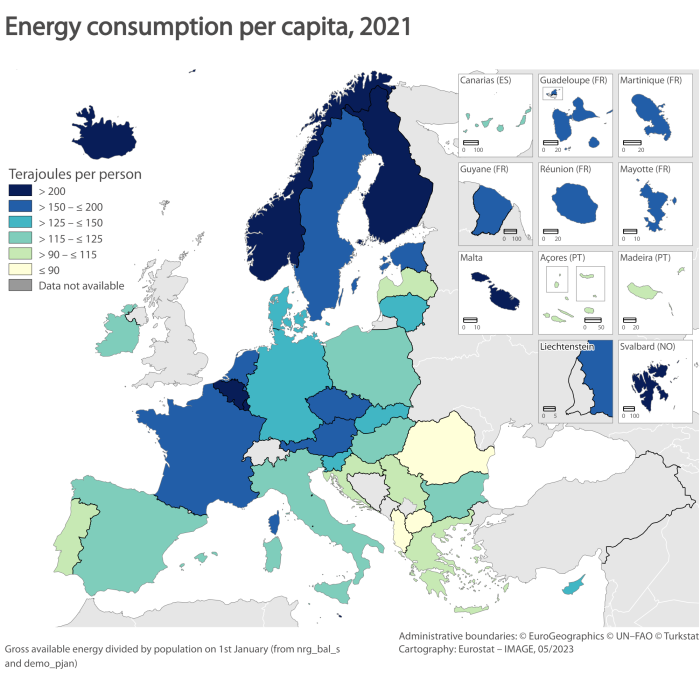 Map showing energy consumption per capita in the EU and surrounding countries. Each country is colour-coded within a range of terajoules per person for the year 2021.