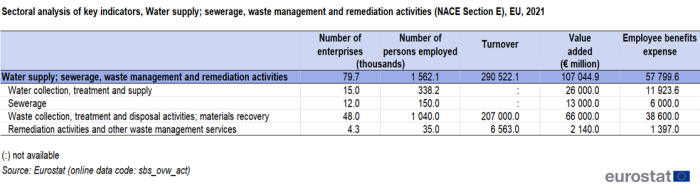 a table showing the sectoral analysis of key indicators, water supply; sewerage, waste management and remediation activities for NACE Section E in the EU in 2021. The columns show the number of enterprises, the number of persons employed, turnover, value added in euro millions and turnover.