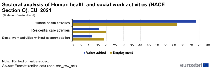 Horizontal bar chart showing sectoral analysis of human health and social work activities as percentage share of sectoral total. Three sectors are shown, namely human health activities, residential care activities and social work activities without accommodation. Each sector has two bars representing value added and employment for the year 2021.