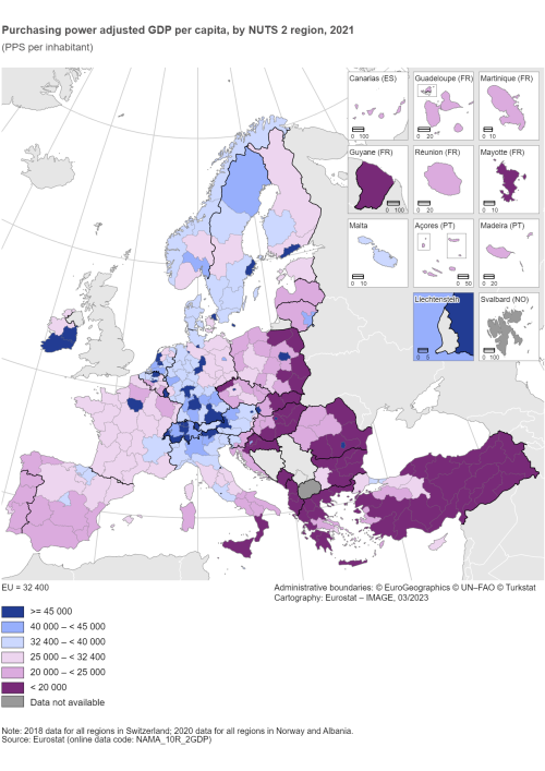 A map of Europe purchasing power adjusted GDP per capita by NUTS 2 region, in 2021. The map shows EU Member States and other European countries.