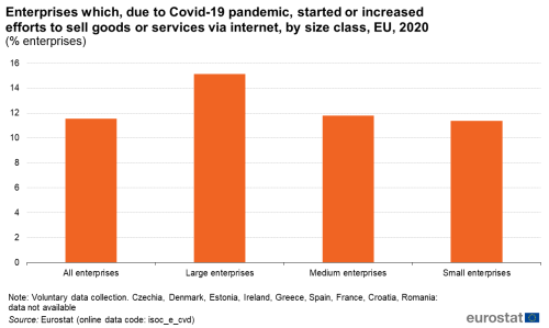 a vertical bar chart showing enterprises which, due to Covid-19 pandemic, started or increased efforts to sell goods or services via internet, by size class, in the EU in the year 2020.