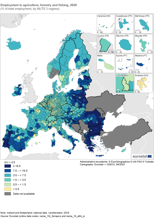 A map of Europe showing employment in agriculture, forestry and fishing in the EU Member States for the year 2020. Data are shown as a percentage of total emplyment by NUTS 3 regions.