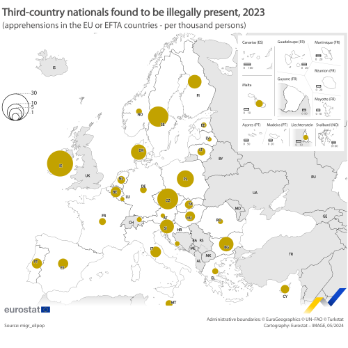 a table showing Map 1 Non-EU citizens found to be illegally present in the EU Member States or EFTA countries,2023.
