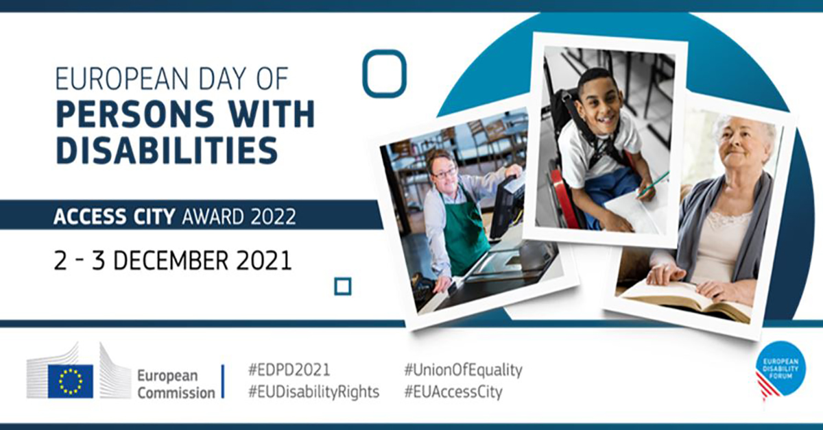 European Day of Persons with Disabilities 2021 poster with pictures of three disabled people