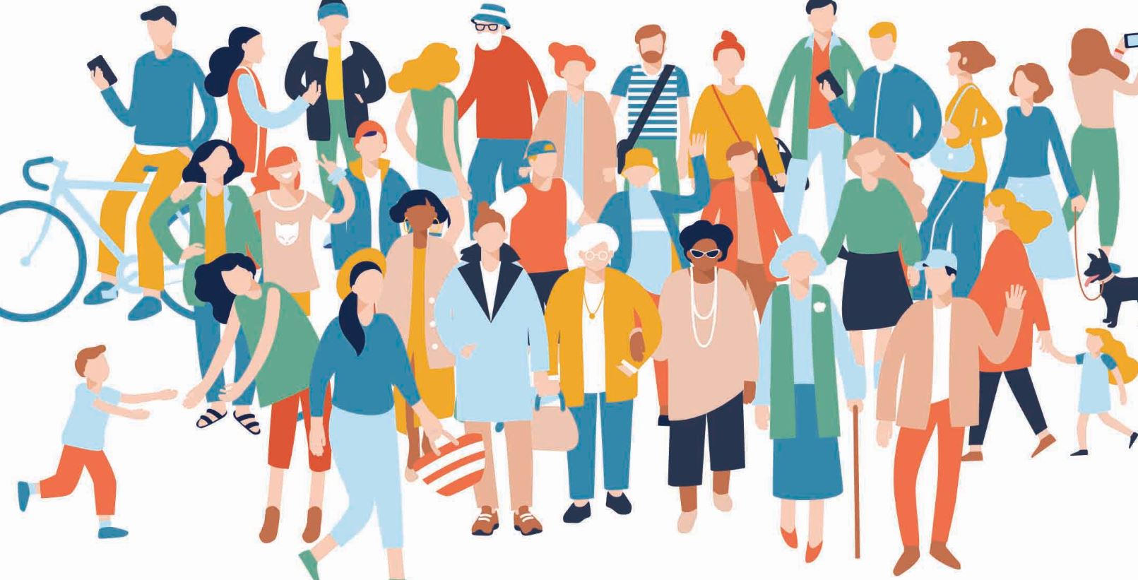  Illustration evoking a modern multicultural society concept by showing a crowd of different people in community 