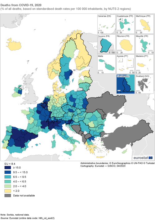 Map showing deaths from COVID-19 as percentage of all deaths, based on standardised death rates per 100 000 inhabitants by NUTS 2 regions in the EU. Each region is colour-coded based on a percentage range for the year 2020.