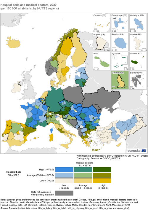 Map showing hospital beds and medical doctors per 100 000 inhabitants by NUTS 2 regions in the EU. Each region is colour-coded based on a range for the year 2020.