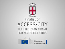 Text: Finalist of Access City, the European Award for accessbile cities; the European Commission logo under the text and the logo of the city of Milan above the text..